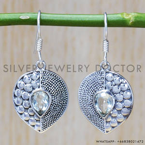 Boucles d'oreilles en argent sterling 925, topaze bleue, design feuille facettée, boucles d'oreilles en argent faites à la main, prix de gros, bijoux - Product Image 2
