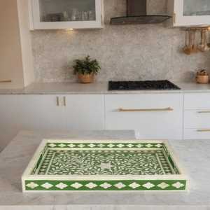 Handmade Bone Inlay Floral Tray: Boho Coffee <b>Table</b> Decor - Product Image 1