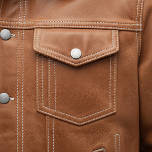 Men's Genuine <b>Leather</b> <b>Jacket</b> Turn-down Collar Workwear Style Autumn Regular Fit Solid Color Zipper Closure Windproof Casual - Product Image 3