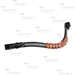 Luxury Crystal Horse Browband Black Leather Headstall with Orange Rhinestone Decoration for <b>Equestrian</b> Riding - Product Image 2