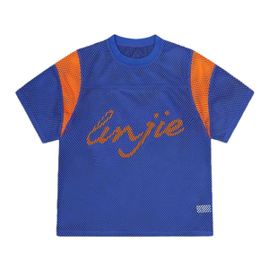 Camiseta de malla con bloques de color personalizados para hombre, manga corta, 100% poliéster, secado rápido, estilo urbano, camiseta de fútbol con paneles de malla abierta - Product Image 5
