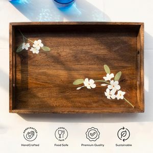 Plateau de service rectangulaire Art Déco artisanal en bois avec incrustation florale blanche pour le service du café, du thé et des collations - Product Image 3