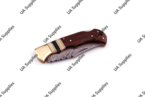 Couteau de poche pliant en acier Damas de haute qualité, indispensable pour l'extérieur, avec manche en bois naturel et étui en cuir, OEM ODM personnalisé - Product Image 3