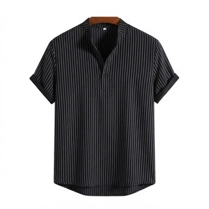 เสื้อเชิ้ตแขนสั้นลายทางสไตล์เฮนลีย์สำหรับผู้ชาย ผ้าฝ้ายผสม คอตั้ง สวมใส่สบายสำหรับฤดูร้อน - Product Image 2