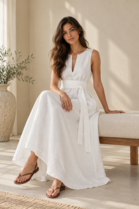 Vestido Maxi Minimalista Casual Holgado de Algodón y Lino sin Mangas con Cuello en V y Cintura Ajustable, Ideal para Verano, Playa y Resort - Venta al por Mayor - Product Image 2