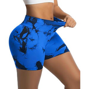 High Waist Simple Blue Printed Yoga Shorts Ruched Butt Design Four-Way Stretch Spandex Polyester Elastic Waist Plus Size <b>Knee</b> - Product Image 5