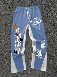 Pantalones deportivos de Halloween para hombre, rayas azules y blancas, estampado de murciélagos, cintura elástica con cordón, estilo informal de otoño - Product Image 1