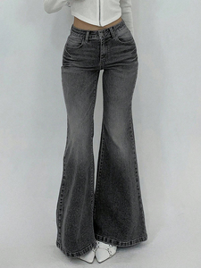 Jean en denim taille haute à jambe large, écologique, déchiré, noir uni, en coton tissé, poids moyen, délavé, style décontracté automne - Product Image 1