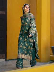 Ensemble de kaftan en soie imprimé floral vert traditionnel avec dupatta crème pour femmes, style Inde Pakistan, tenue de mariage, longueur au sol - Product Image 3
