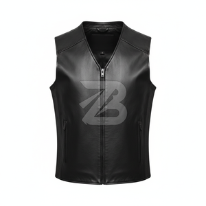 Gilet de motard en cuir véritable pour homme, noir, fermeture éclair sur le devant avec panneaux latéraux perforés, vente en gros OEM de gilets et de vestes - Product Image 1