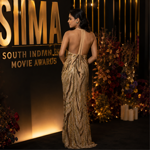 Luxury Gold Embroidered Beaded Mermaid Evening Gown for Women Halter Neck <b>Sequin</b> Formal Party Wedding Prom Maxi Dress Elegant - Product Image 3