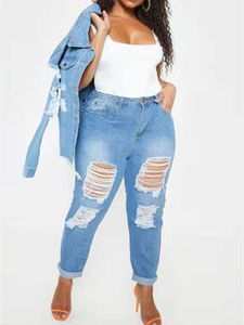 Jeans Azules Desgastados de Cintura Alta para Mujer, Corte Holgado, Cinco Bolsillos, Estilo Casual, Cierre de Botones - Product Image 2