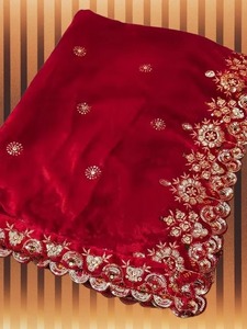 Luxury Red Velvet Bridal Dupattas Heavy Gold Zari <b>Sequin</b> Embroidery Women Traditional Ramadan Eid Mubarak Wedding <b>Shawls</b> Festive - Product Image 3