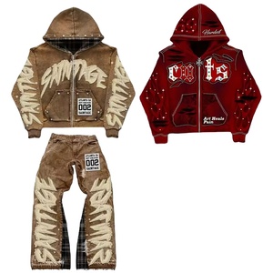 ชุดฮู้ดดี้แบบมีฮู้ดผ้าวินเทจฟอกสีสไตล์วินเทอร์ พร้อมกางเกงวอร์มขาบานปักลายสำหรับผู้ชาย สไตล์สตรีทแวร์ หนานุ่ม ใส่สบาย - Product Image 1