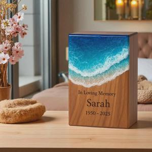 Handmade Ocean Wave Resin Art Urn Box Teak Wood Memorial <b>Keepsake</b> <b>for</b> human <b>ashes</b> medium size 9x5.5 urn box - Product Image 4