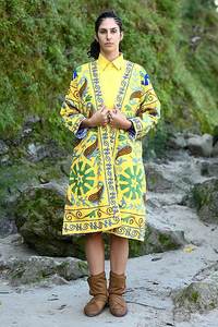 Ethically Handcrafted Yellow <b>Boho</b> Women Suzani Embroidered Long Jacket With Side Pockets Casual Outings Relaxed Fit Ladies Coat - Product Image 2