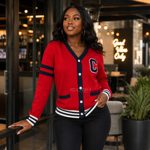 Cosh International Acrylic Sorority Sisterhood <b>Red</b> Knitted <b>Cardigan</b> V Neck Long Sleeve Preppy Style Contrast Color - Product Image 4