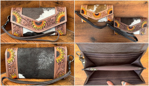 Portefeuille-pochette en cuir véritable sculpté à la main, style western, en cuir de vache à poils, multi-usages, avec dragonne en cuir - Product Image 3