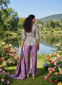 Ensemble coordonné exclusif à imprimé floral pour femmes, kurta et pantalon ethniques contemporains à coupe asymétrique, avec foulard assorti, pour les occasions spéciales, en polyester. - Product Image 2