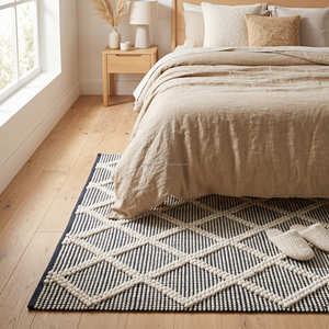 Hand Tufted Striped Boho Area Rug Rectangle Black White Plush Bohemian Style Wool Non-Slip Bedroom Floor Rug - Product Image 6