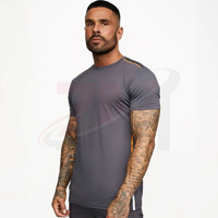 T-shirt de compression gris à manches courtes pour homme, coupe ajustée, séchage rapide, vêtement de sport athlétique, col rond, en polyester tricoté, vente en gros personnalisée