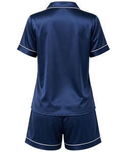 Conjunto de pijama de satén azul marino personalizado para mujer, ropa de dormir de seda de lujo, traje de noche con botones, conjunto de loungewear suave de manga corta. - Product Image 2