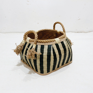 New Design <b>Square</b> Modern Eco-Friendly Palm Leaf <b>Storage</b> <b>Basket</b> Striped Woven Laundry Bin Foldable with Rope Handle - Product Image 4
