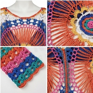 Colorful <b>Crocheted</b> Hollow 2 Set Women Deep V Neck <b>Long</b> Sleeve Geometric Pattern Handmade Acrylic Breathable Beachwear <b>Skirt</b> - Product Image 4