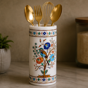 Vase en pierre de calcaire blanc artisanal avec incrustations |   Design floral moderne en Pietra Dura |   Porte-fleurs et porte-stylos décoratif de luxe - Product Image 2