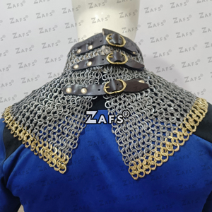 Gorget en maille de fer doux avec anneaux en laiton, collier médiéval de évêque ou de chevalier pour cosplay, reconstitution historique, costume de foire - Product Image 5