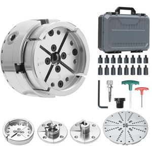Set di mandrini per tornio da legno pneumatici da 4 pollici, autocentranti a 4 griffe, con adattatore filettato da 1 pollice x 8 TPI, 5 pezzi, ganasce rotonde/piatte - Product Image 1