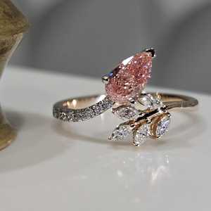 Lab Grown Vivid Pink 1.01CT Pear Cut Diamond Plant Leaf Shapes Ring 14K Yellow Gold Fine Engagement <b>Gift</b> Perfect Party <b>For</b> <b>Her</b> - Product Image 4