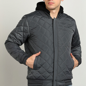 <b>Men's</b> Quilted Hooded Bomber <b>Jacket</b> Windproof Casual Solid Color Polyester Wadding Zipper Closure Autumn Wear - Product Image 4
