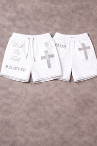 Servicio OEM al por mayor: Pantalones cortos de algodón para hombre con diseño de Jesús, lavado ácido y pedrería, personalizados, de marca privada, color blanco, nueva llegada. - Product Image 3