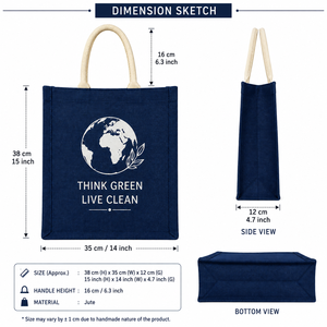 Think <b>Green</b> Live Clean Jute Shopping <b>Bag</b> 38x35x12cm Hand Carry Grocery Tote Blue - Product Image 2