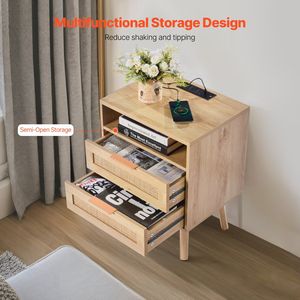Comodino Boho Chic in Rattan con ripiano a cassetto aperto gambe in legno massiccio comodino stazione di ricarica per camera da letto studio soggiorno - Product Image 3