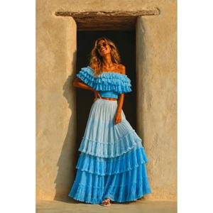 Ocean Blue Set <b>Skirt</b> Shoulder Ruffle Bohemian Dress Natural Waist Party Floor Length Sleeveless Summer Women's Solid Color - Product Image 3