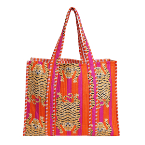 Handmade Durable Lightweight Quilted Cotton Tote <b>Bag</b> Tiger Print Orange Striped Reversible Open Shoulder Autumn Washable Beach - Product Image 1