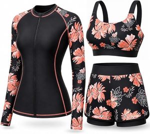 Women's 3 Piece Swimwear Set High Neck <b>Long</b> <b>Sleeve</b> Top Bandeau Bra Shorts Floral Print Contrast Binding Spandex Polyester - Product Image 1