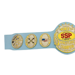 เข็มขัดแชมป์มวยปล้ำ SSP สำหรับผู้หญิง สายสีน้ำเงินคุณภาพสูง พร้อมธงชาติอเมริกาและญี่ปุ่น และดีไซน์แผ่นทอง - Product Image 4