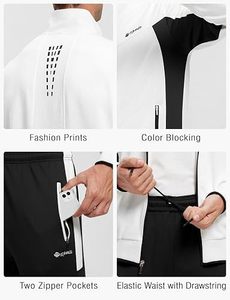 Men's <b>White</b> Black Contrast Tracksuit Full Zip Sporty <b>Jogger</b> Set Solid Color Stand Collar Regular Fit Autumn Wear - Product Image 4