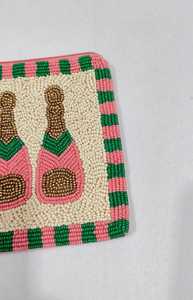 Handmade Rectangular Beaded <b>Purse</b> With <b>Pink</b> Champagne Bottles Design Canvas Foundation Craft Gift - Product Image 6