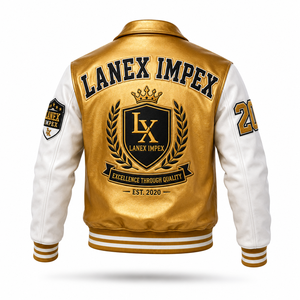 Custom Gold White Leather Varsity <b>Jacket</b> <b>Men</b> Luxury Letterman Bomber Chenille Embroidered Patches Front High Quality OEM Service - Product Image 3