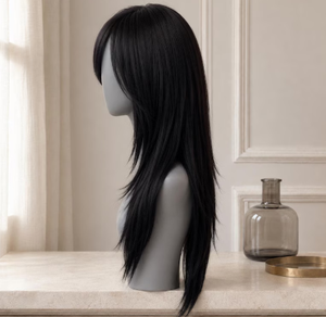 Perruque synthétique longue noire droite avec frange latérale, coupe dégradée, pour usage quotidien, en fibre résistante à la chaleur, pour femmes - Product Image 4
