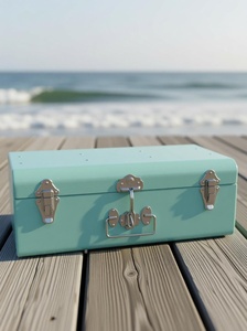 Vintage Aqua Blue Metal Trunk <b>Storage</b> Box Heavy-Duty Silver Toggle Latch Keepsake <b>Chest</b> - Product Image 4