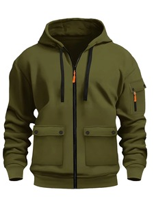 Men's <b>Navy</b> Blue Hooded Zip-Up <b>Sweatshirt</b> Regular Fit Solid Color Casual French Terry Pocket Design Autumn Wear - Product Image 2
