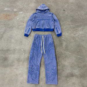 Conjunto de Sudadera con Capucha y Pantalones Deportivos de Algodón 100% de Alta Calidad, Estilo Desgastado, con Cierre, para Hombre - Product Image 4