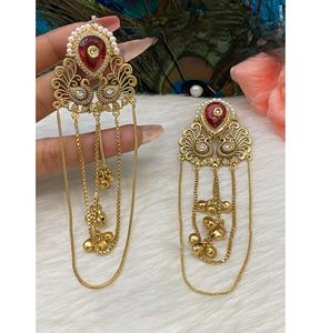 Boucles d'oreilles longues élégantes de qualité supérieure, finition dorée, aspect pierre Kundan, pour femmes et filles, collection pour soirées et fêtes. - Product Image 1