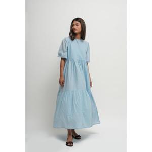 Robe longue trapèze bleu clair à manches courtes et col en V, avec ceinture, séchage rapide, design étagé simple, en coton respirant pour femme - Prix de gros - Product Image 4