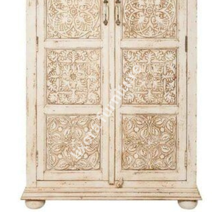Luxury Handcrafted Solid Wood 2 Door <b>Wardrobe</b> Ornate Mandala Carving Distressed Cream White Armoire - Product Image 4
